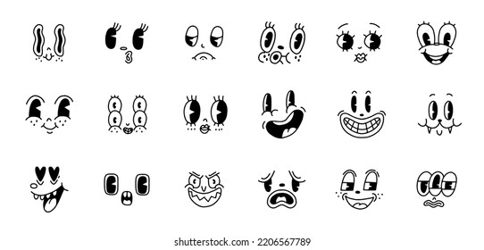 Retro 30s cartoon mascot characters funny faces big set. 40s, 50s, 60s old animation eyes and mouths elements. Vintage comic emotions for logo vector. Smiley, happy, sad, cheerful, surprised. Isolated