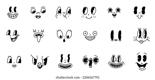 Retro 30s cartoon mascot characters funny faces big set. 40s, 50s, 60s old animation eyes and mouths elements. Vintage comic emotions for logo vector. Smiley, happy, sad, cheerful, surprised. Isolated