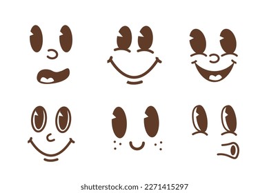 Retro 30s cartoon mascot characters funny faces. 50s 60s old animation eyes and mouths elements. Vintage comic smile set. Smiley caricatures with happy cheerful emotions. Vector illustration isolated.