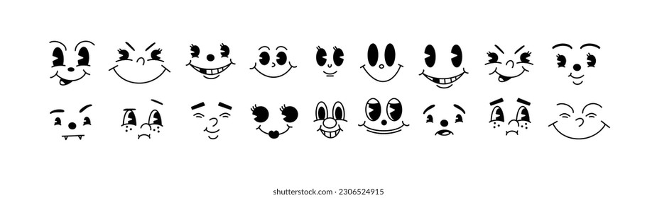 Retro 30s Cartoon Mascot Characters Funny Faces. 50s, 60s Old Animation Eyes And Mouths Elements. Vintage Comic Smile for Logo Vector Set. Legs, Feet, Hands In Gloves, Different Positions