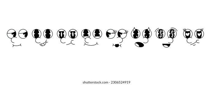 Retro 30s Cartoon Mascot Characters Funny Faces. 50s, 60s Old Animation Eyes And Mouths Elements. Vintage Comic Smile for Logo Vector Set. Legs, Feet, Hands In Gloves, Different Positions