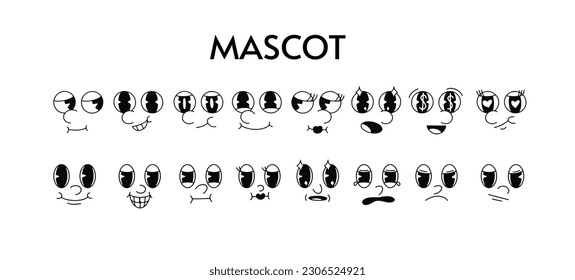 Retro 30s Cartoon Mascot Characters Funny Faces. 50s, 60s Old Animation Eyes And Mouths Elements. Vintage Comic Smile for Logo Vector Set. Legs, Feet, Hands In Gloves, Different Positions