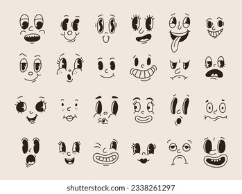 Caricaturas de los años 30 retro mascota personajes caras graciosas. los años 50, los años 60 con elementos de animación y bocas. Sonrisa cómica vintage para conjunto de vectores de logo. Caricaturas sonrientes con emociones alegres y alegres