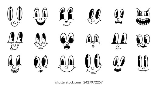 Retro 30s cartoon mascot characters funny faces. 50s, 60s old animation eyes and mouths elements. Vintage comic smile for logo vector set. Smiley caricatures with happy and cheerful emotions.