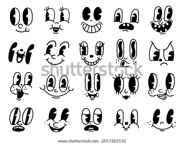 Retro\
30s cartoon mascot characters funny faces. 50s, 60s old animation\
eyes and mouths elements. Vintage comic smile for logo vector set.\
Smiley caricatures with happy and cheerful\
emotions