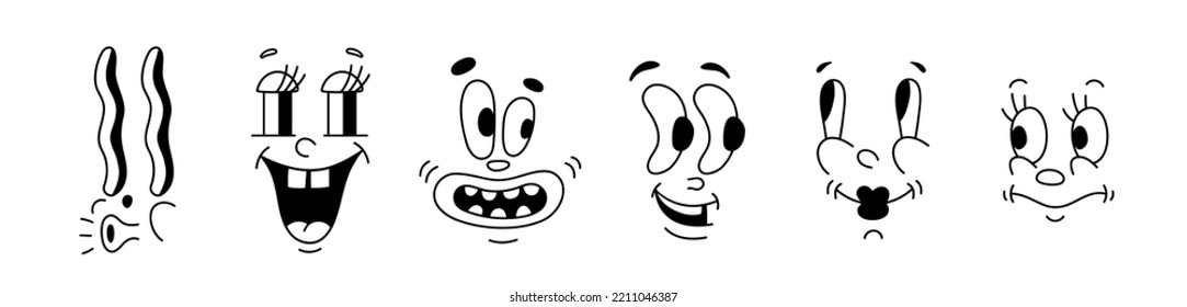 Retro 30s characters mascot, comic faces expression of the 50s, 60s. Quirky eyes and mouths cartoon animation in funny style, vintage avatars vector background.