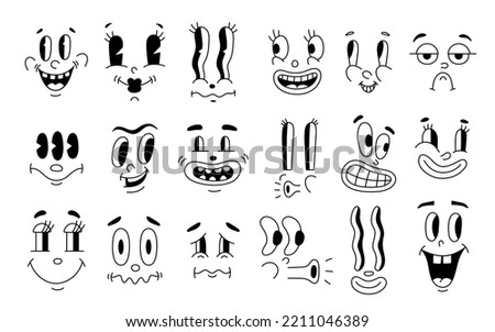 Retro 30s characters mascot, comic faces expression of the 50s, 60s. Quirky eyes and mouths cartoon animation in funny style, vintage avatars vector background.