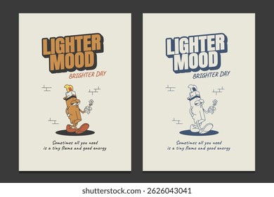 retro 30s poster with a cartoon gas lighter character, vector illustration