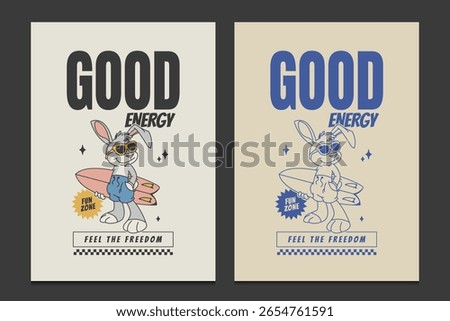 retro 30s poster with cool surfing bunny character, vector illustration