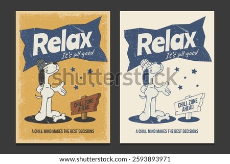retro 30s poster with a cute dog cartoon character, vector illustration