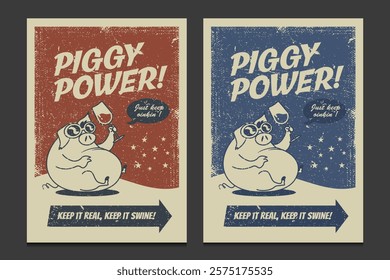 retro 30s poster featuring a cute pig cartoon character, vector illustration	