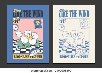 retro 30s poster or graphic t-shirt design with a cute cartoon flower character, vector illustration