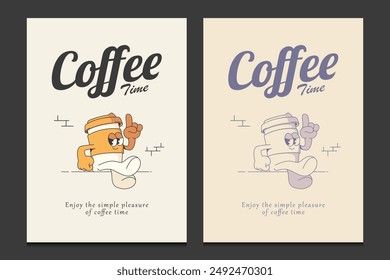 retro 30s poster or graphic t-shirt design with a coffee cup mascot cartoon character, vector illustration