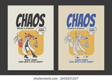 retro 30s poster with a mad scientist fox character, vector illustration