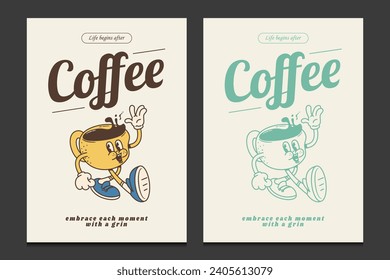 retro 30s posters or t shirt graphic print with a coffee cup cartoon character, vector illustration