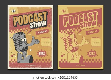 retro 30s-style podcast show poster with a cartoon microphone mascot character, vector illustration

