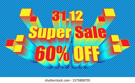retro 31.12 end year super sale 60% off. plaid blue color background style. vector illustration eps10