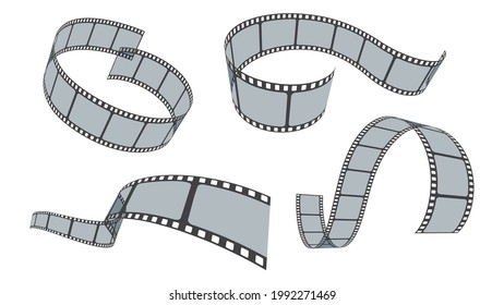 Retro 35mm foto and movie film roll vector set isolated on white background. Collection of blank cinema film strip frames with transparency and different shape effect. Film strip in perspective.