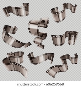 Retro 35mm foto and movie film roll vector set. Video tape part, illustration of cinematography multimedia tape photography.