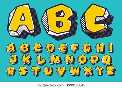 Retro 3d alphabet with polka dot and striped pattern on the sides. Vector isometric font for kids logo, a magic toy company, impossible art posters, etc.