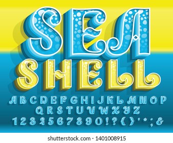 Retro 3D Alphabet, Vintage Poster Seashell. Vector Font For Sea, Summer And Travel Design