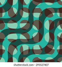 Retro 3D circles and overlapping green waves .Abstract layered pattern. Bright colored background with realistic shadow and thee dimentional effect.
