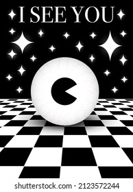 Retro 3D eye poster, in space, illusion floor and stars, with text "I see you". Acid style, psychedelic design. Vector illustration