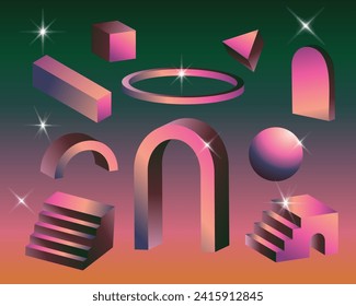 Retro 3D Geometric Object abstract shapes. Arch, circle, triangle, circle, stair