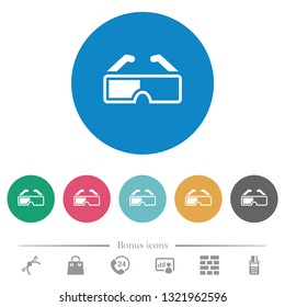 Retro 3d glasses flat white icons on round color backgrounds. 6 bonus icons included.