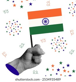 Retro 3D Meio-Tom República dia Índia Colagem isolado branco. Bandeira indiana na moda mão de meio-tom. Grunge retro vetor de meio-tom ilustração pode usar modelo web banner, cartaz, design de cartão de saudação.