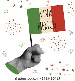 Retro 3D Halftone Viva Mexico Collage isolated white background. Mexican flag in trendy Halftone collage style. Retro grunge vector can used template web banner, poster, greeting card design.