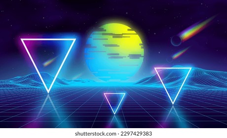 Retro 3d illustration with blue retro. Game background with green blue gradient. Neon triangles with rainbow comets