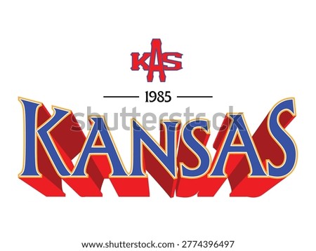 Retro 3D Kansas typography design with KAS monogram and established year 1985.