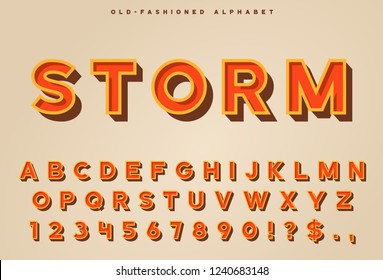 Retro 3d letters set with numerals and some punctuation symbols. Vintage 3d alphabet with shadow.