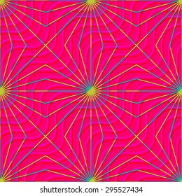 Retro 3D magenta waves and yellow rays.Abstract layered pattern. Bright colored background with realistic shadow and three dimensional effect.