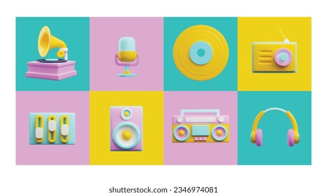 Retro 3D music listening and recording devices. Realistic boom box, cassette recorder, radio, headphones, microphone. Mixer, vinyl record, gramophone. Multimedia for 90s disco vector illustrations set