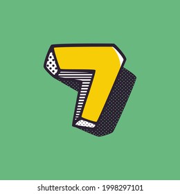 Retro 3d number seven logo with polka dot and striped pattern on the sides. Vector isometric font for kids labels, a magic toy company, impossible art posters, etc.