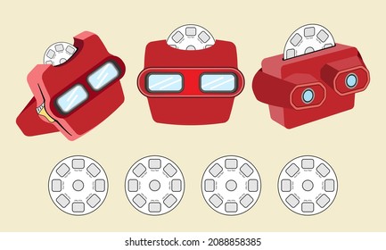 retro 3D photo viewer and reel on white. Old vintage toy. Rear view. flat design cartoon concept. vector, illustration