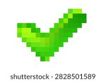 Retro 3D pixel art environment green check mark or tick icon, glowing pixelated glass texture Yes, ok or approve icon isolated element. Shiny game asset.