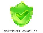 Retro 3D pixel art green security shield with check mark icon, glowing pixelated glass texture environment protection isolated element. Shiny game asset.