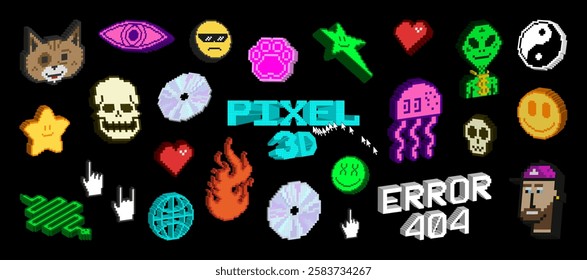 Retro 3D pixel sticker pack, Old computer vibe, retro pixel icons. Y2K stickers - heart, emoji, stars, fire, skull, cat's paw and others. Y2K elements, old pc and retro vibe. 3D vector graphic icons