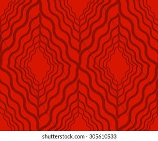 Retro 3D red wavy diamonds.Abstract layered pattern. Bright colored background with realistic shadow and thee dimensional effect.