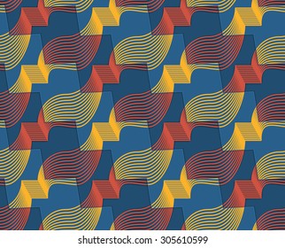 Retro 3D red yellow and blue zigzag cut ribbons.Abstract layered pattern. Bright colored background with realistic shadow and thee dimensional effect.