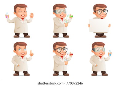 Retro 3d Scientist Young Cute Test-tube Set Icons Cartoon Design Character Vector Illustration