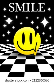 Retro 3D Lächelposter mit Tropf, im Raum, Illusionsboden und Sterne. Säurestil, psychedelische Emotion. Vektorgrafik