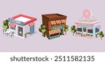 Retro 3D store facades. Commercial building vector set. Barber shop store facade, cute coffee shop and pink donuts shop