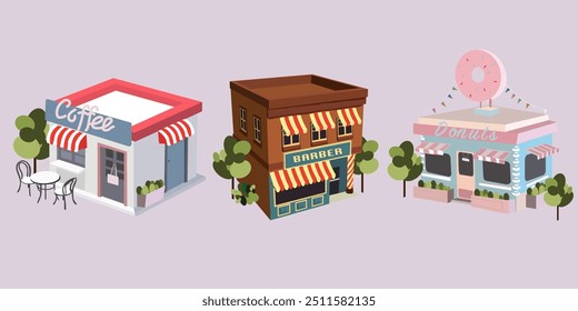 Retro 3D store facades. Commercial building vector set. Barber shop store facade, cute coffee shop and pink donuts shop