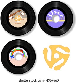 Retro 45 RPM record: with sample label designs, and classic spindle adapter.