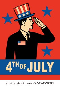 retro 4th of july american independence day poster with patriotic man saluting, wearing stars and stripes top hat on red background with blue stars, vintage usa celebration design