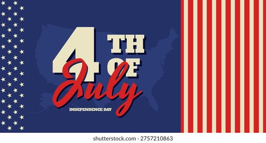 Retro 4th of July greeting design with bold number four, script lettering and patriotic flag border. Vintage Independence Day banner in Americana style. Vector illustration